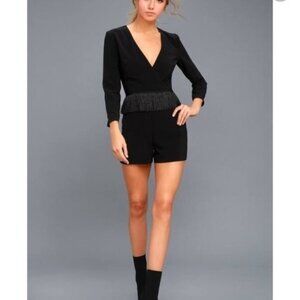 Ali & Jay Black Fringe Trim Long Sleeve Romper With V-Neckline & Back Zipper